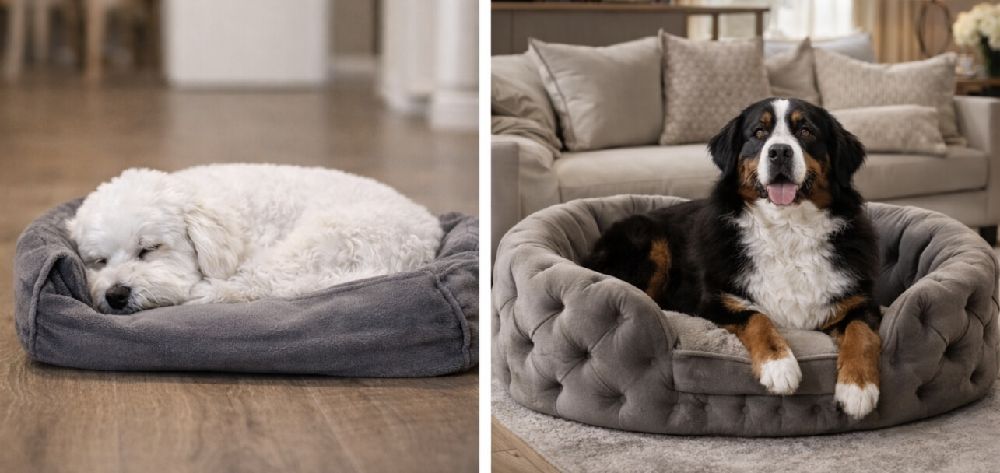 Колаж от две сцени, показващи разликата между евтино и скъпо легло за куче, като в едната малко куче лежи в тънко и износено легло върху твърд под, а в другата по-голямо куче лежи в дебело, луксозно и добре подплатено легло в уютен интериор, сцените подчертават контраста в комфорт, качество и дизайн